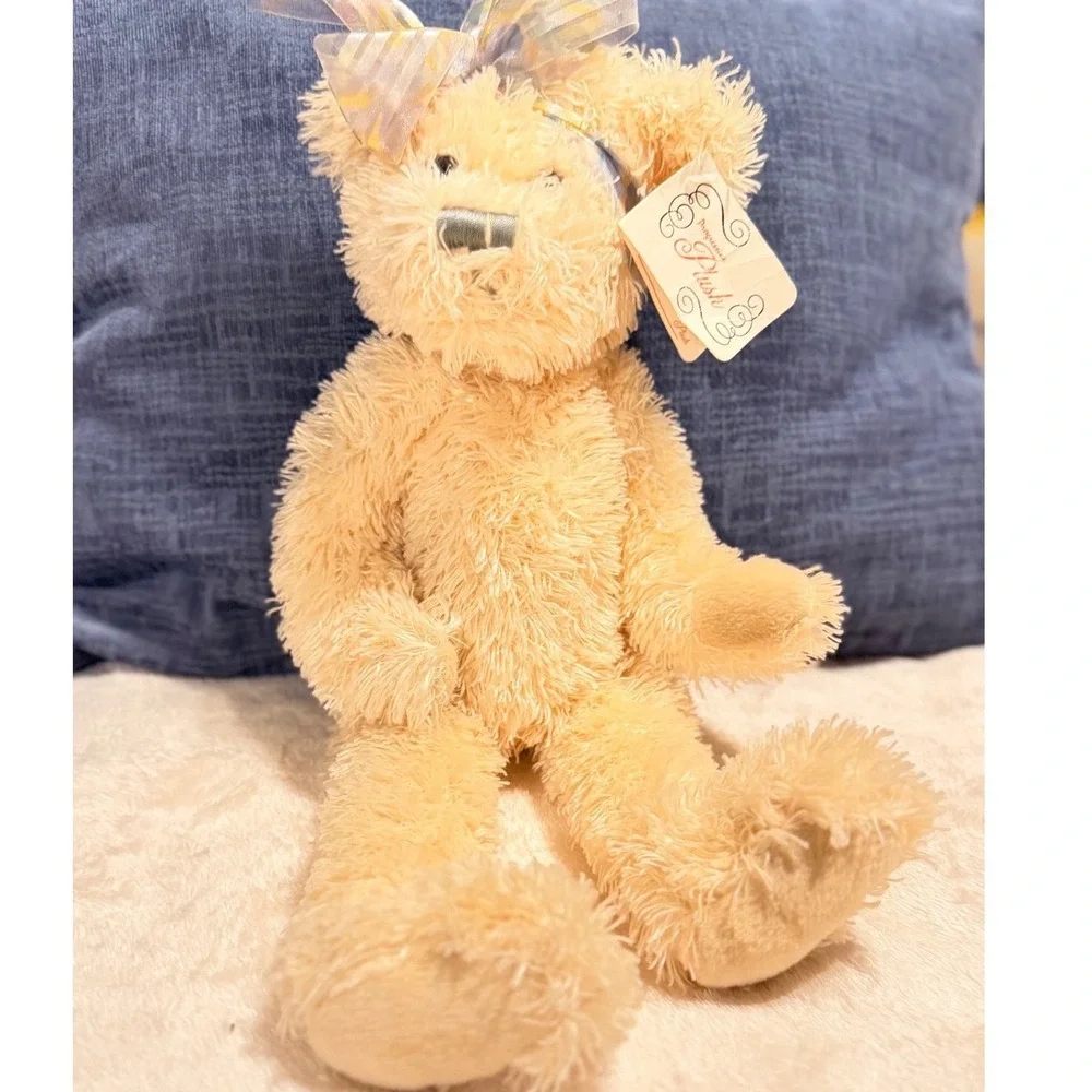 Vintage Progressive Plush Teddy Bear Cream Shaggy Fur Iridescent Bow Handcrafted